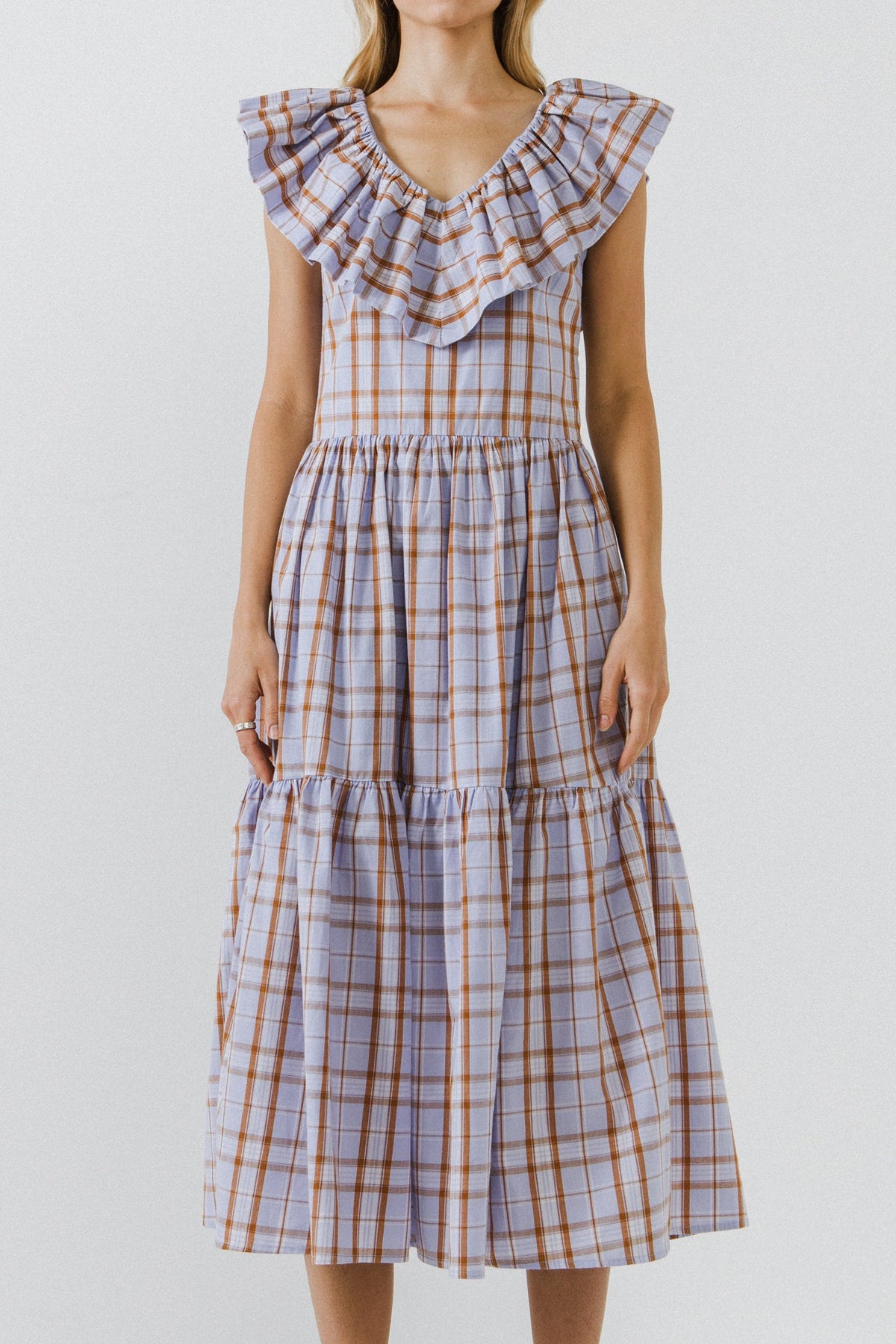Plaid Midi Dress With Ruffle Neckline