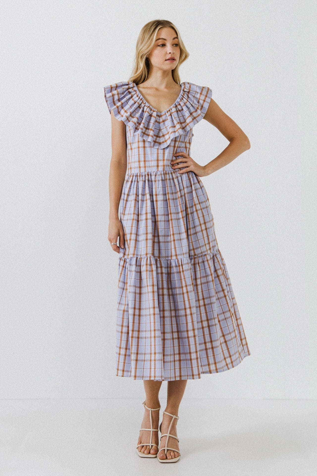 ENGLISH FACTORY - English Factory - Plaid Midi Dress With Ruffle Neckline - DRESSES available at Objectrare