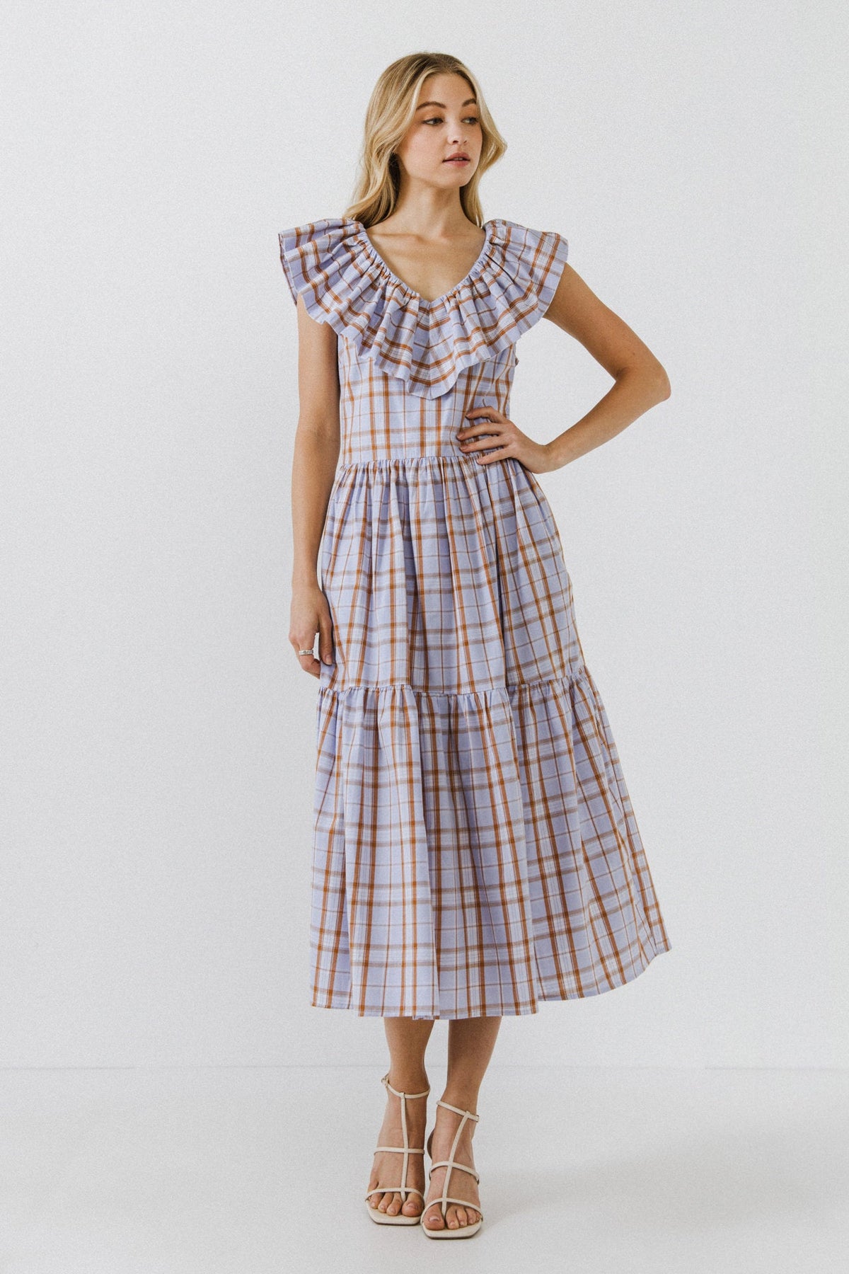 Plaid Midi Dress With Ruffle Neckline