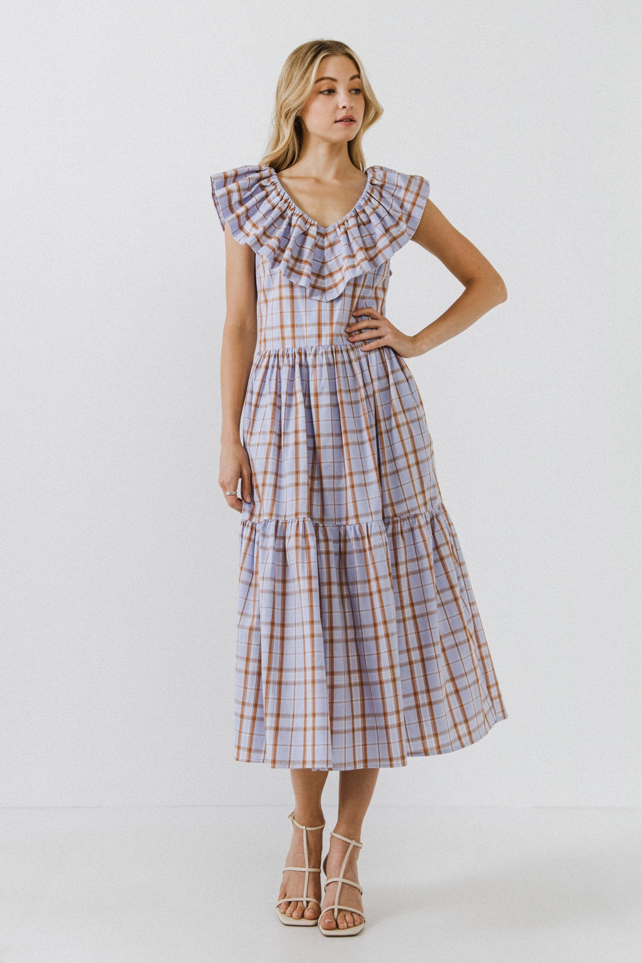 Plaid Midi Dress With Ruffle Neckline
