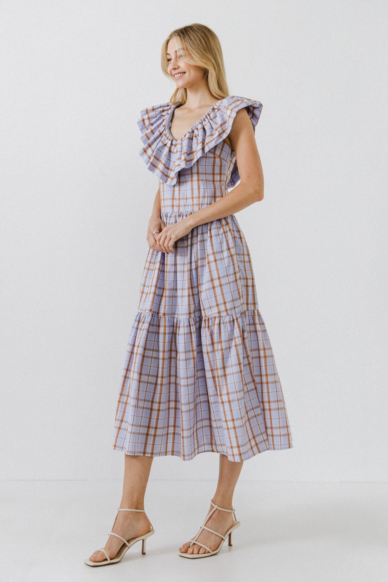Plaid Midi Dress With Ruffle Neckline