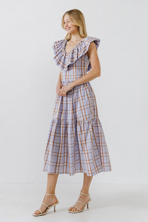 Plaid Midi Dress With Ruffle Neckline