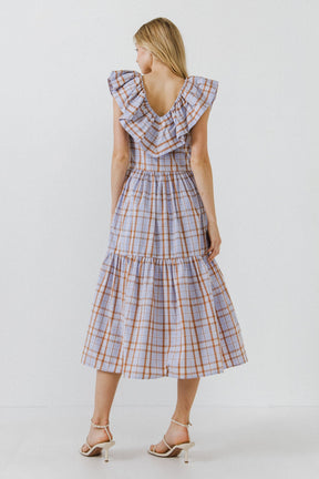 Plaid Midi Dress With Ruffle Neckline