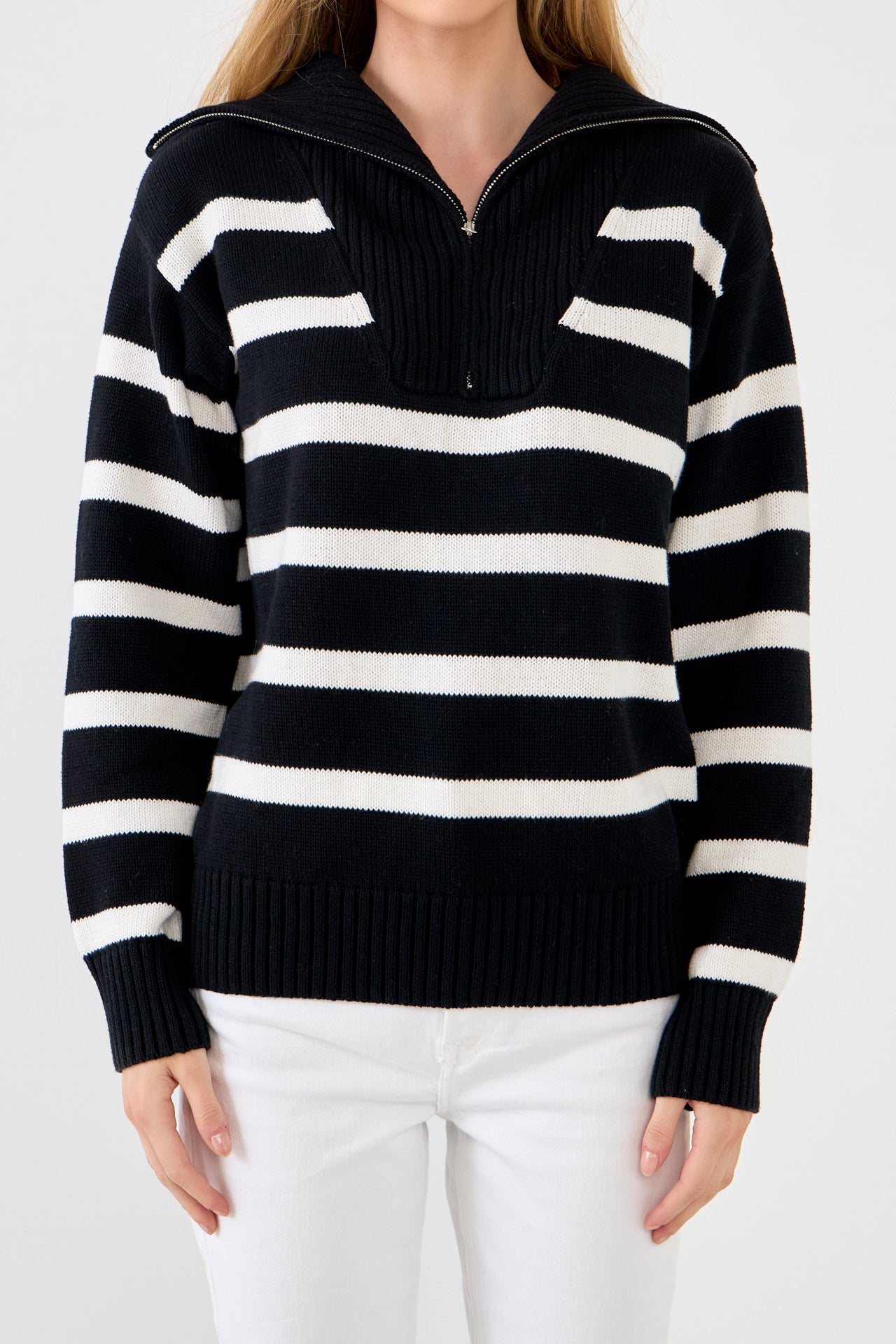 ENGLISH FACTORY - Striped Knit Zip Pullover - SWEATERS & KNITS available at Objectrare