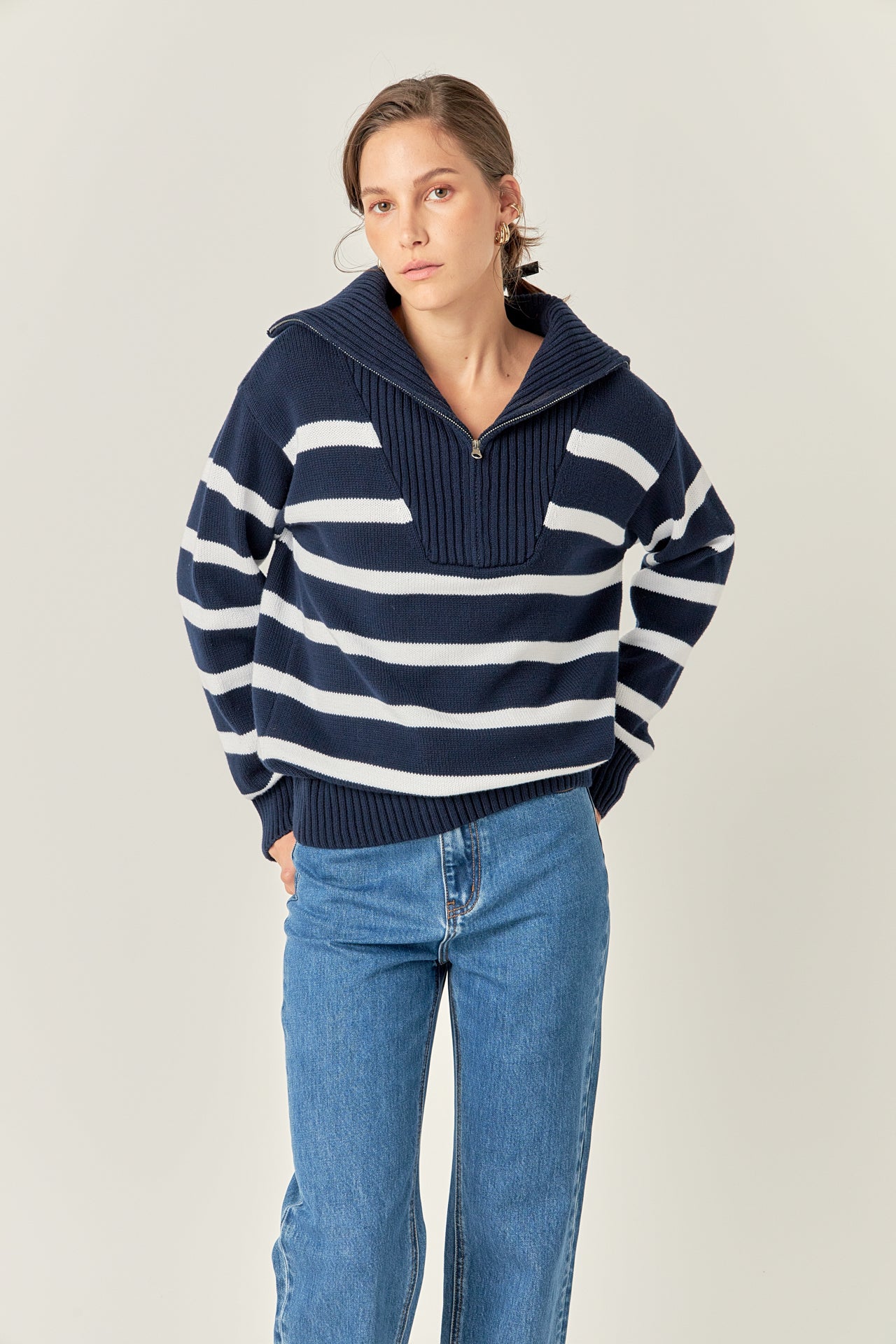 English Factory - Striped Knit Zip Pullover