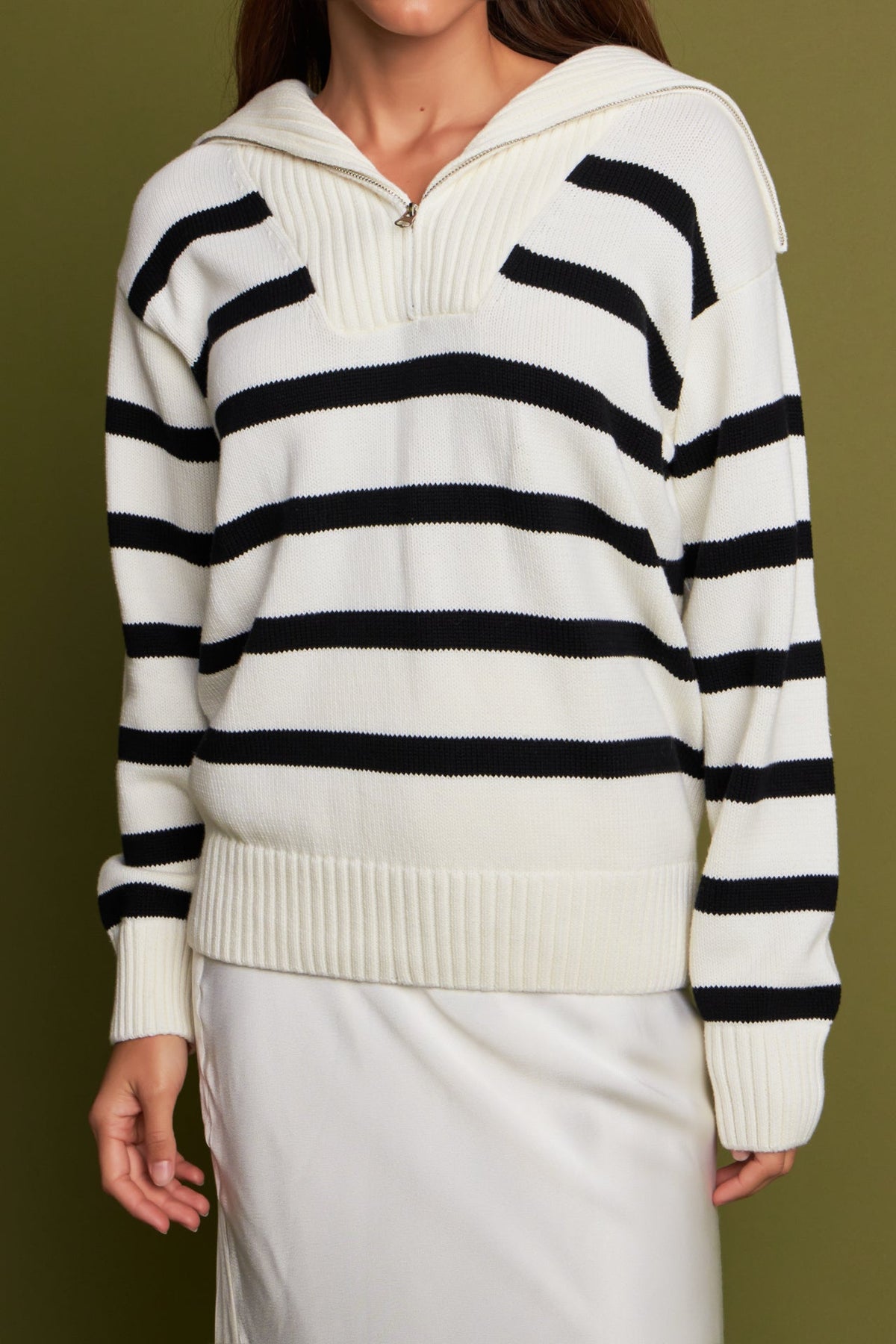 Striped Knit Zip Pullover in White