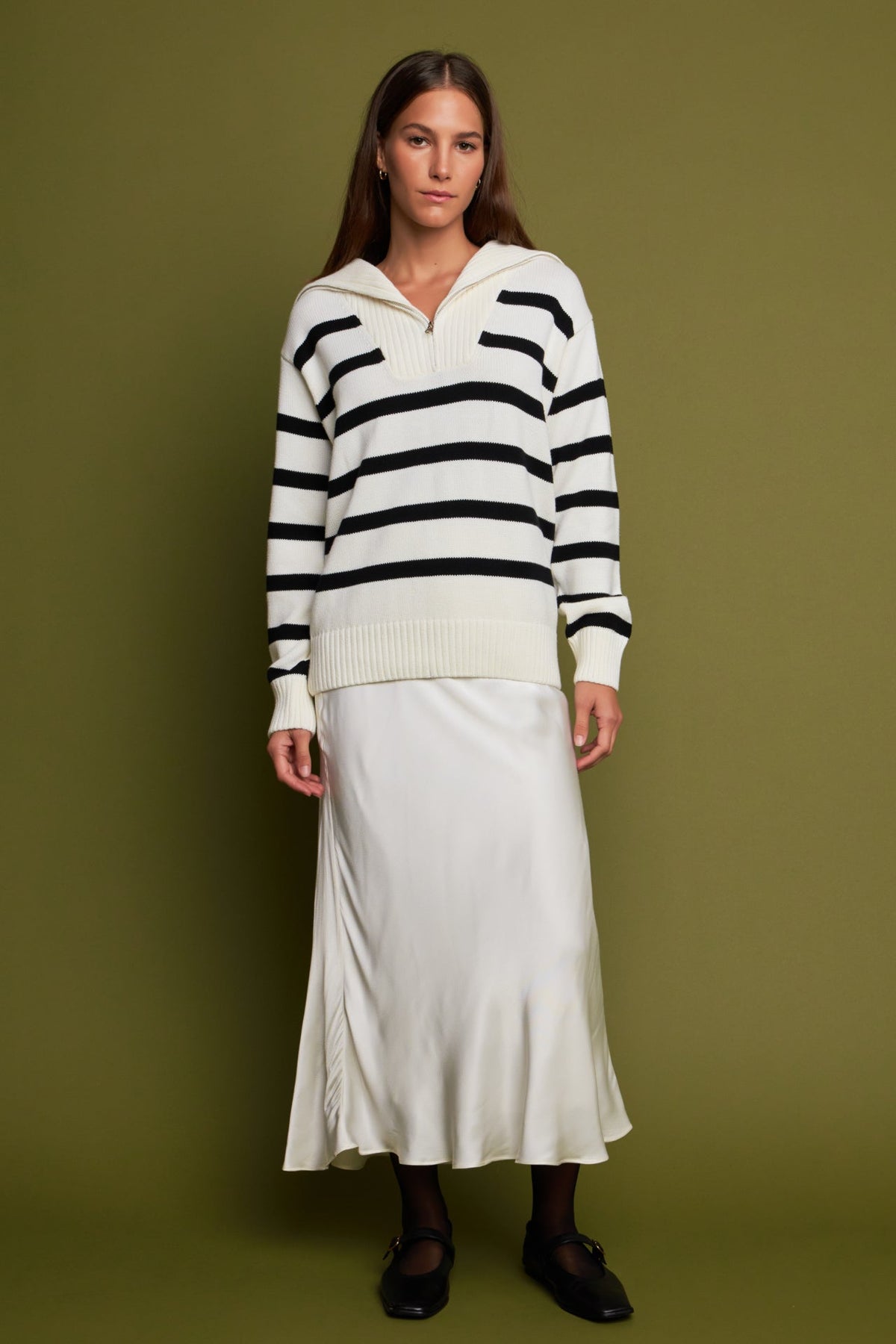 Striped Knit Zip Pullover in White