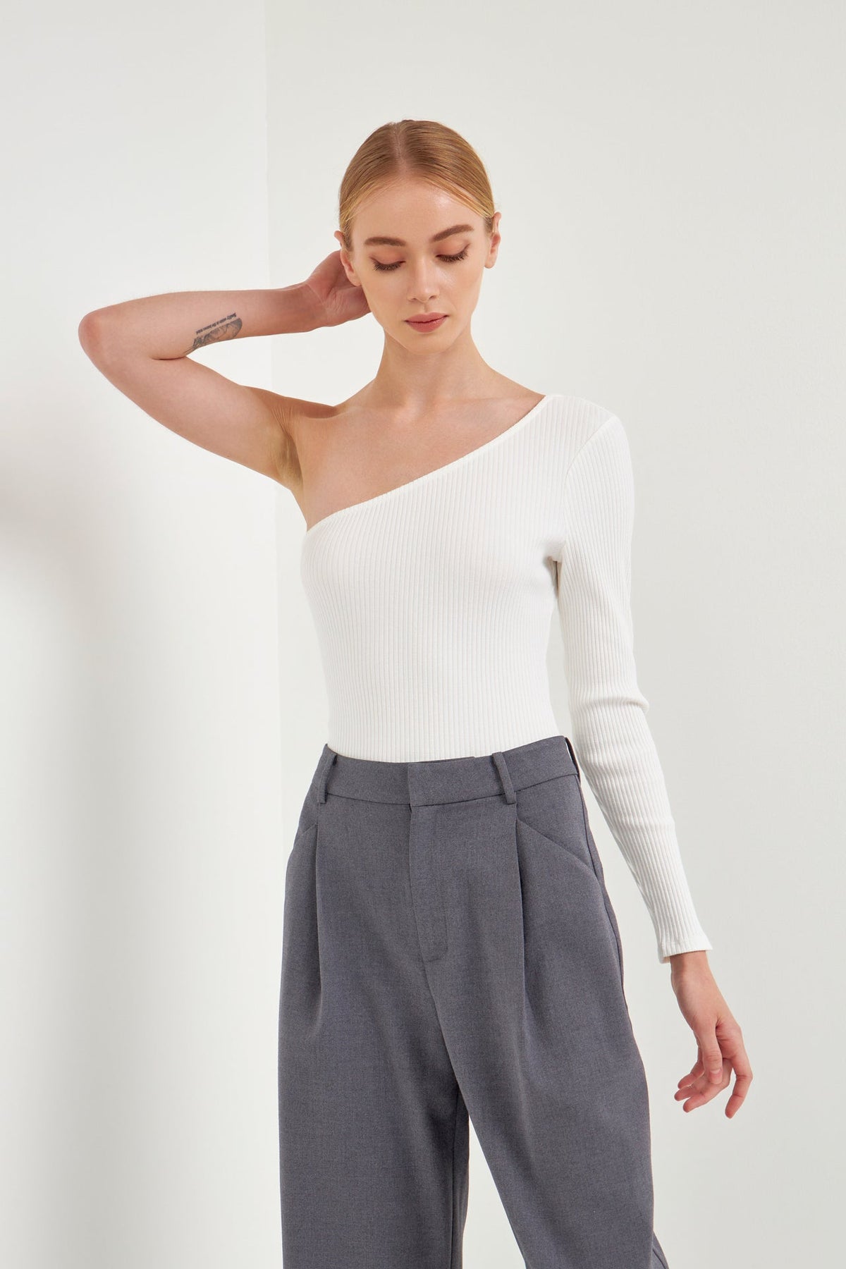 ENDLESS ROSE - One Shoulder Ribbed Knit Bodysuit - TOPS available at Objectrare