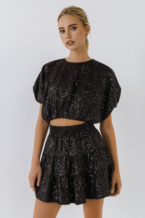 ENDLESS ROSE - Voluminous Sequined Crop Top - Apparel & Accessories > Clothing > Tops available at Objectrare