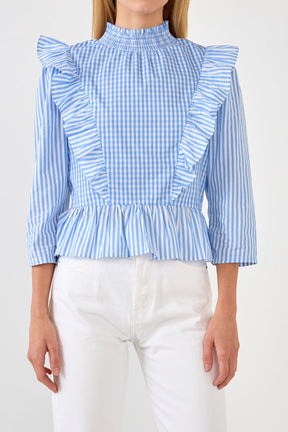 ENGLISH FACTORY - English Factory - Gingham Check & Stripe Mixed Blouse - TOPS available at Objectrare