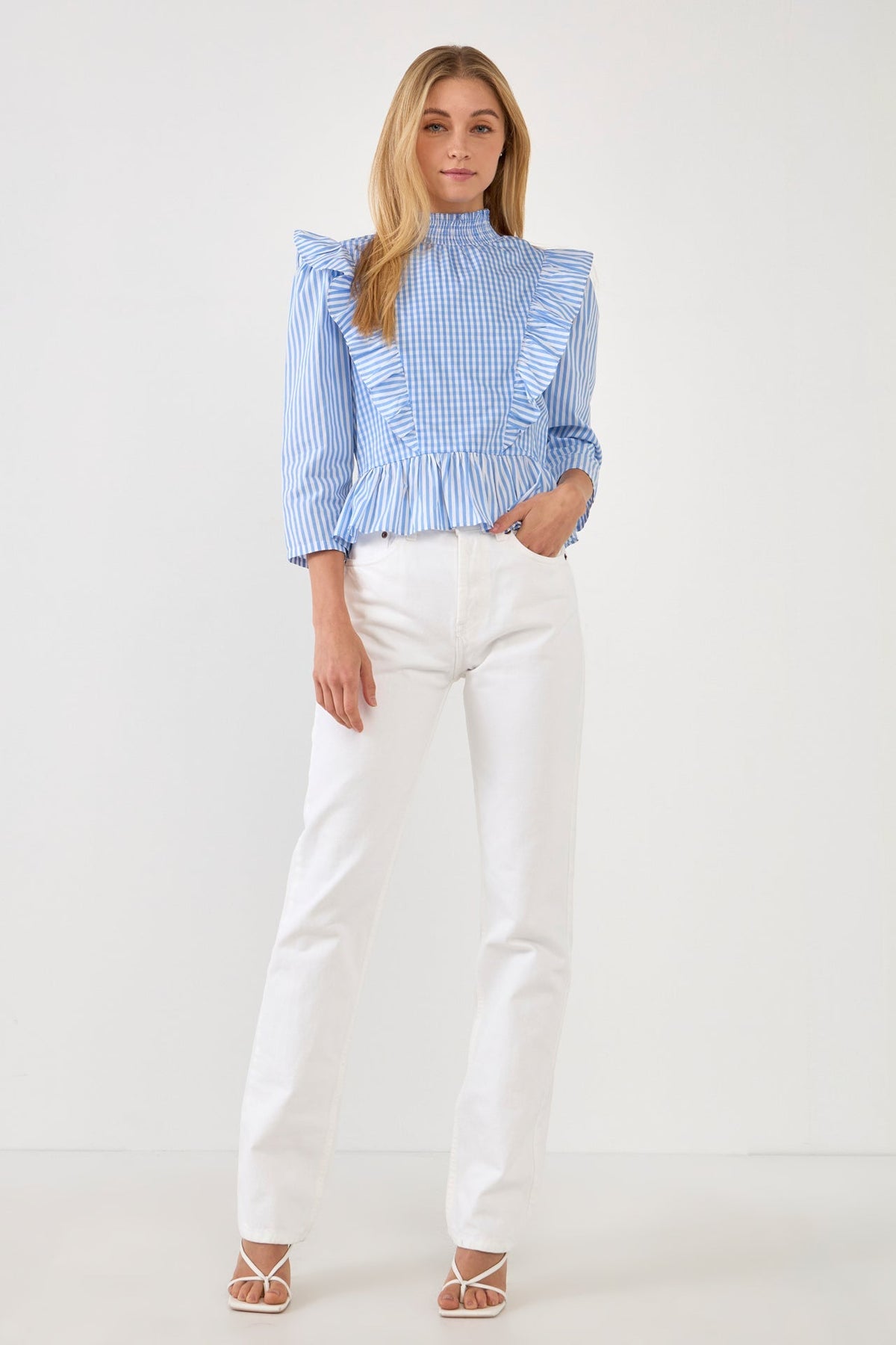 ENGLISH FACTORY - English Factory - Gingham Check & Stripe Mixed Blouse - TOPS available at Objectrare