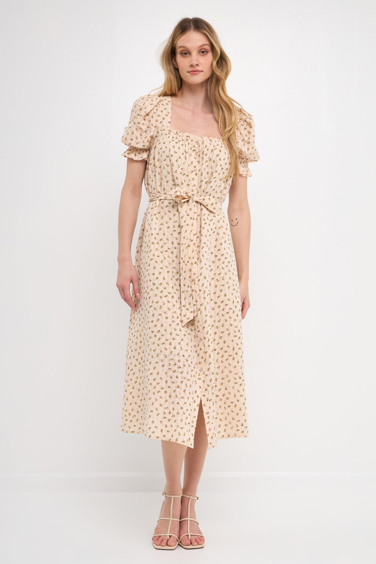FREE THE ROSES - Floral Midi Dress with Short Puff Sleeves - DRESSES available at Objectrare
