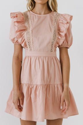ENGLISH FACTORY - Lace Inserted Dress with Puff Sleeves - DRESSES available at Objectrare