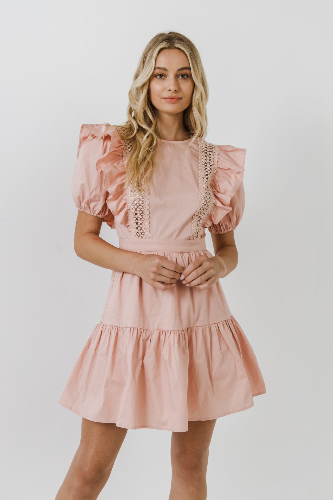 Lace Inserted Dress with Puff Sleeves Lace Inserted Dress with Puff Sleeves