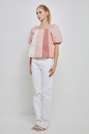 ENGLISH FACTORY - Color Blocked Top with Short Puff Sleeves - TOPS available at Objectrare