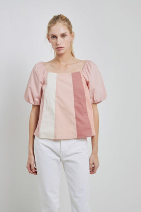 ENGLISH FACTORY - Color Blocked Top with Short Puff Sleeves - TOPS available at Objectrare