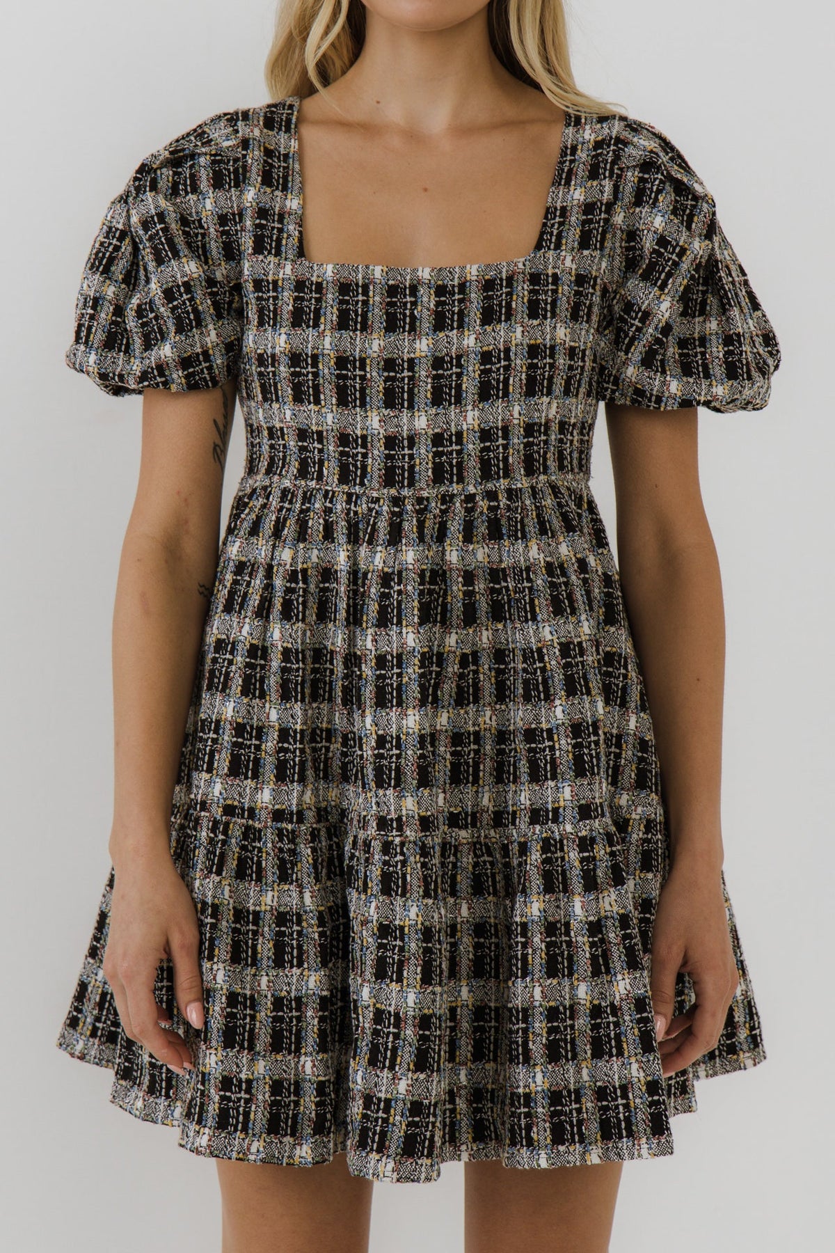 ENGLISH FACTORY - English Factory - Square Neckline Tweed Mini Dress - DRESSES available at Objectrare