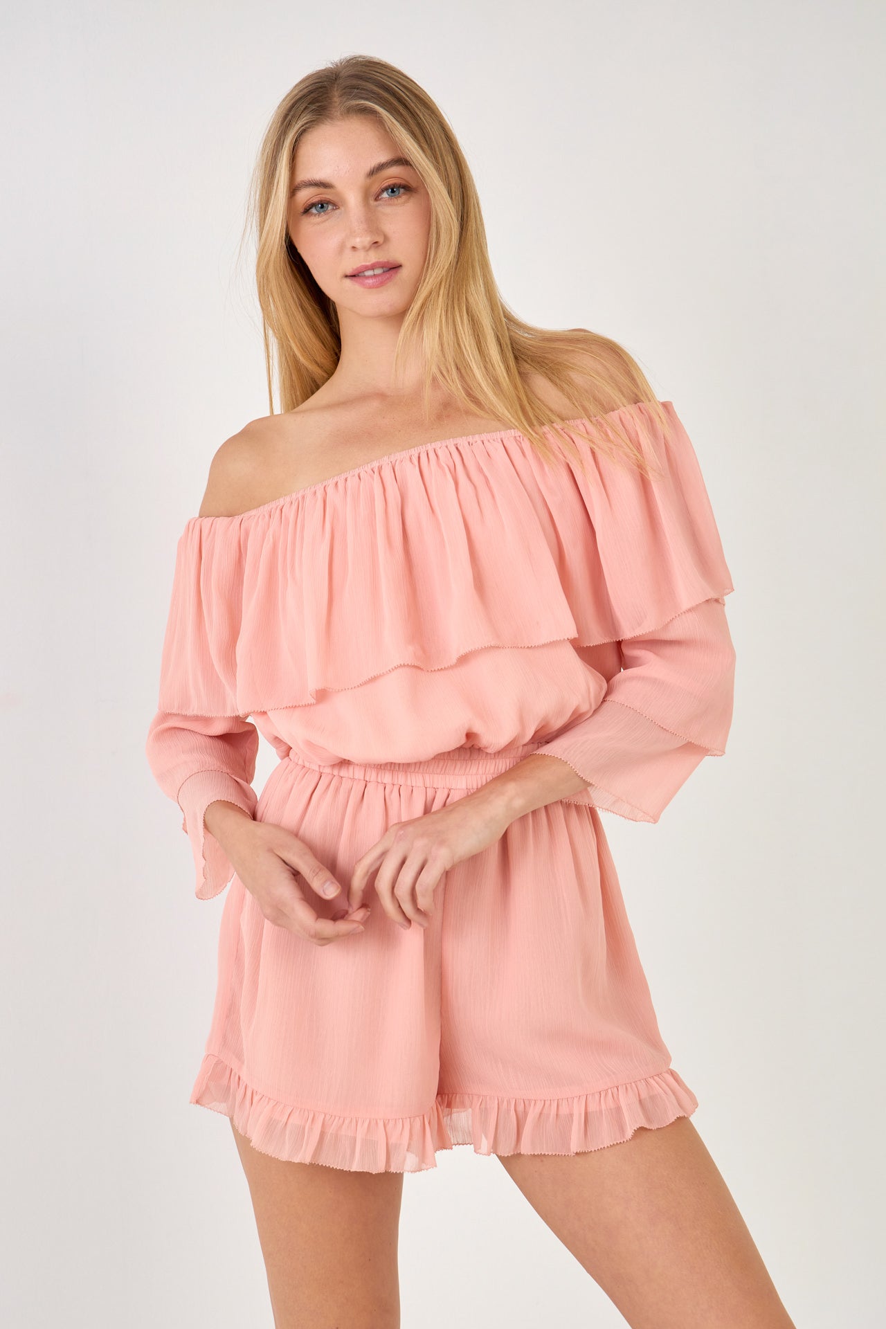 ENDLESS ROSE - Endless Rose - Off-shouldered Romper with Stitch Detail - ROMPERS available at Objectrare