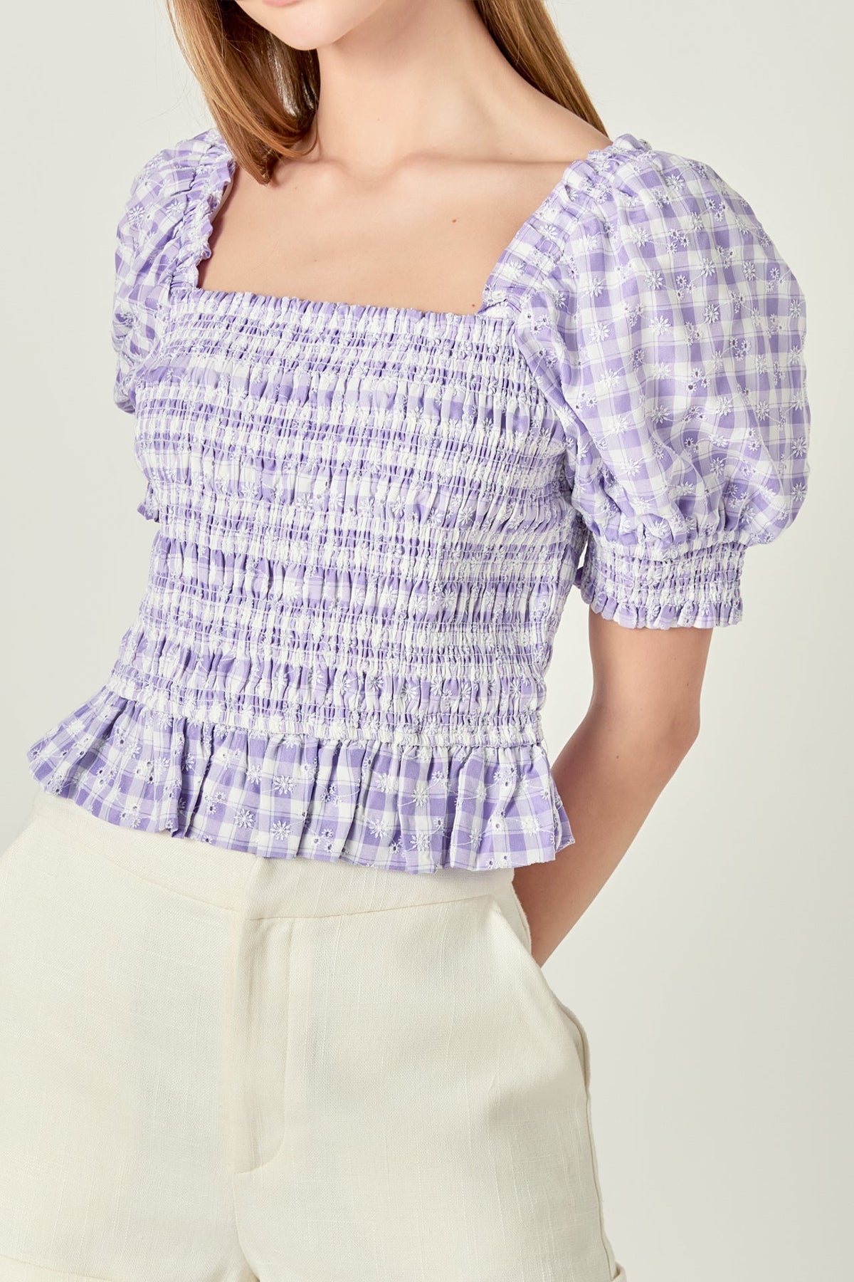 ENGLISH FACTORY - Women's Woven Square Neck Gingham Blouse - TOPS available at Objectrare