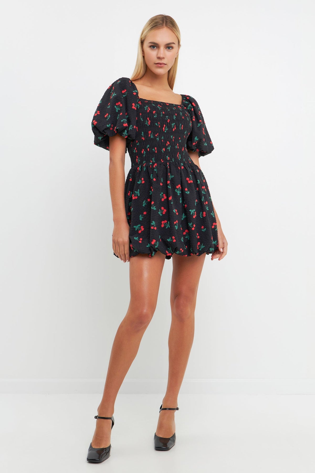 Cherry Print Smocked Mini Dress