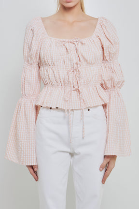 ENGLISH FACTORY - Tie Detailed Shirring Top with Long Sleeves - TOPS available at Objectrare