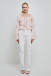 ENGLISH FACTORY - Tie Detailed Shirring Top with Long Sleeves - TOPS available at Objectrare