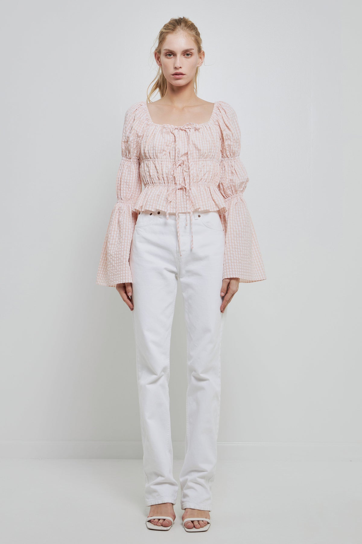 ENGLISH FACTORY - Tie Detailed Shirring Top with Long Sleeves - TOPS available at Objectrare