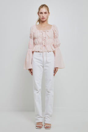 ENGLISH FACTORY - Tie Detailed Shirring Top with Long Sleeves - TOPS available at Objectrare