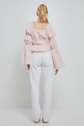 ENGLISH FACTORY - Tie Detailed Shirring Top with Long Sleeves - TOPS available at Objectrare