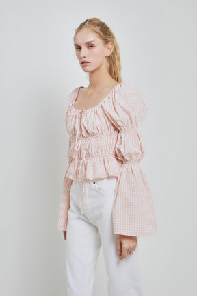 ENGLISH FACTORY - Tie Detailed Shirring Top with Long Sleeves - TOPS available at Objectrare