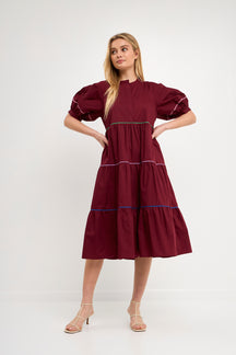 Short Puff Sleeve Dress Piping Detail