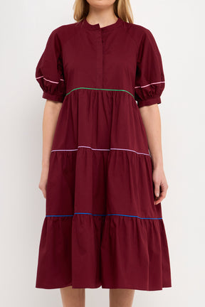Short Puff Sleeve Dress Piping Detail