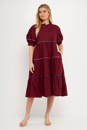 Short Puff Sleeve Dress Piping Detail