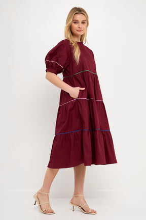 Short Puff Sleeve Dress Piping Detail