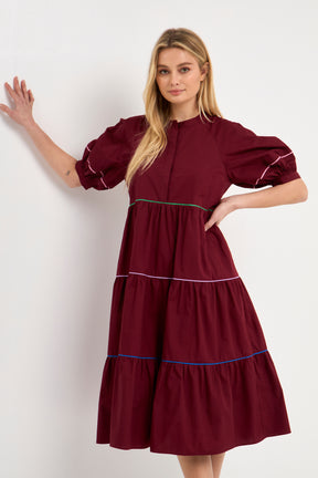 Short Puff Sleeve Dress Piping Detail