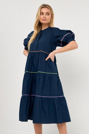ENGLISH FACTORY - Short Puff Sleeve Dress Piping Detail - DRESSES available at Objectrare