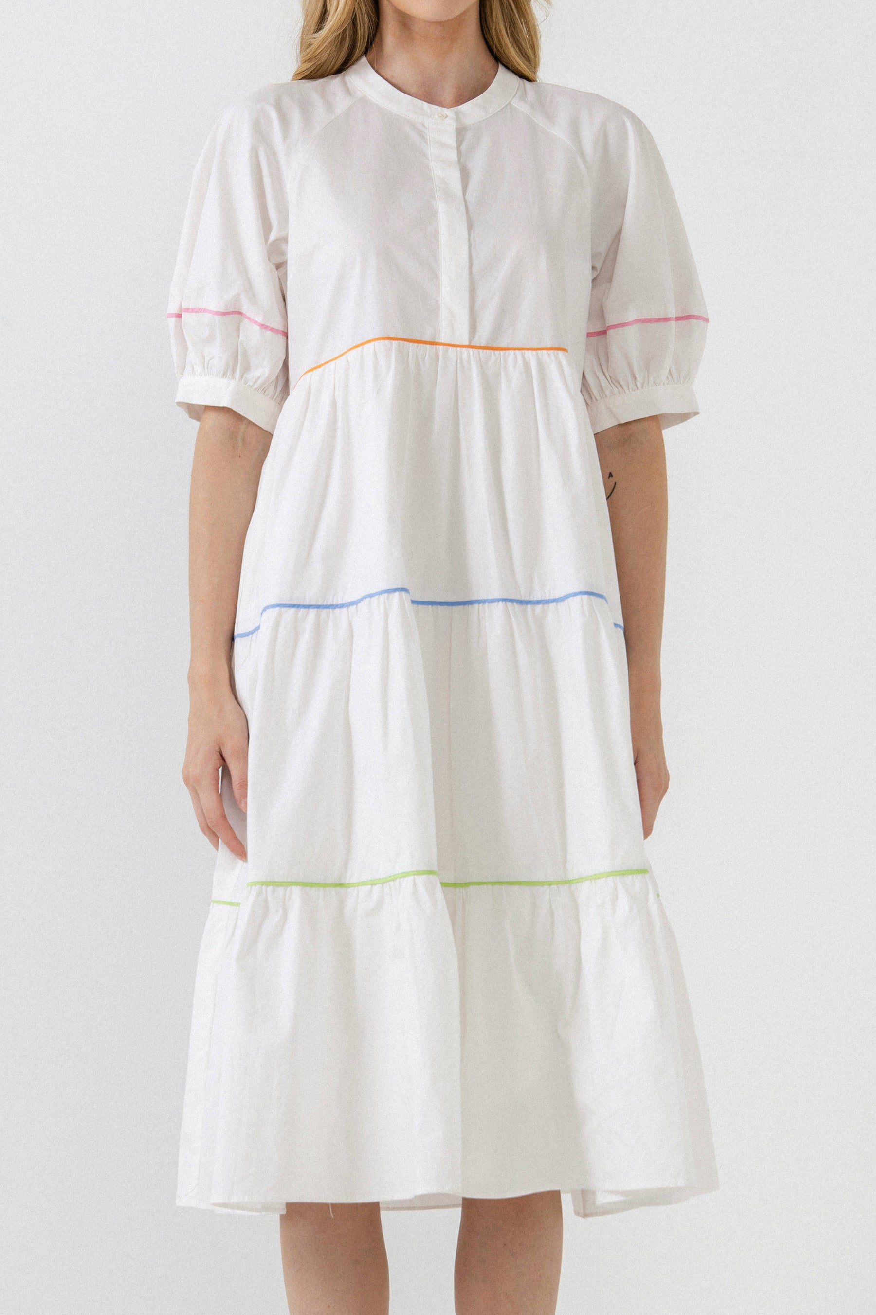 ENGLISH FACTORY - English Factory - Short Puff Sleeve Dress Piping Detail - DRESSES available at Objectrare