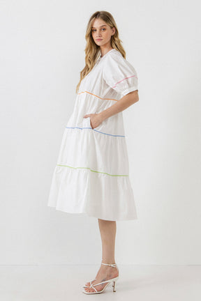 Short Puff Sleeve Dress Piping Detail