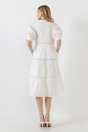 Short Puff Sleeve Dress Piping Detail