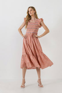 Floral Smocked Detail Midi Dress