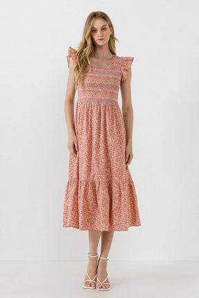 Floral Smocked Detail Midi Dress