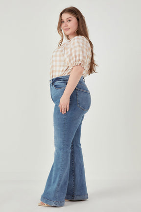 ENGLISH FACTORY - Plus Size Gingham Top with Short Puff Sleeves - TOPS available at Objectrare