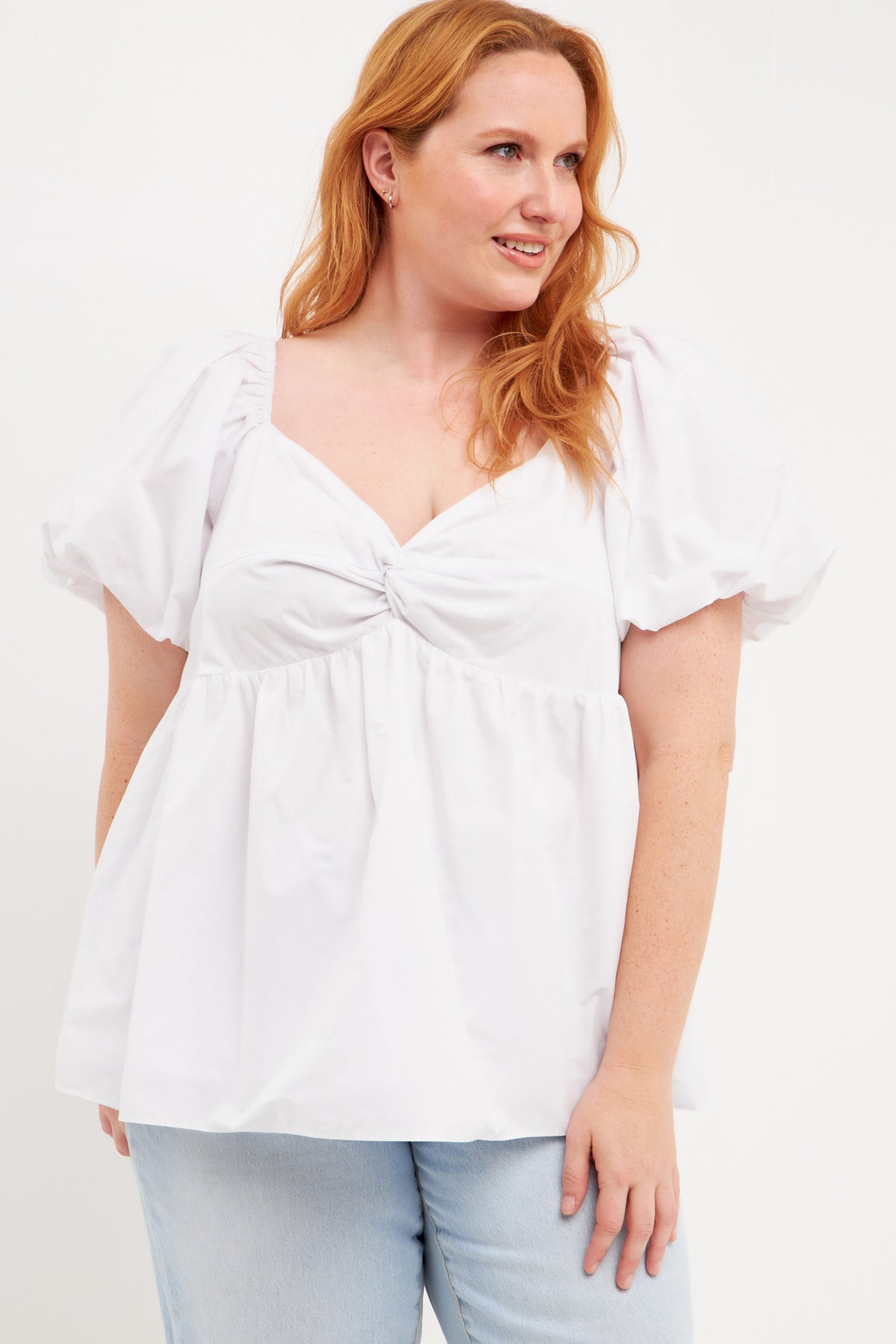 Plus Size Knotted Top with Balloon Sleeves