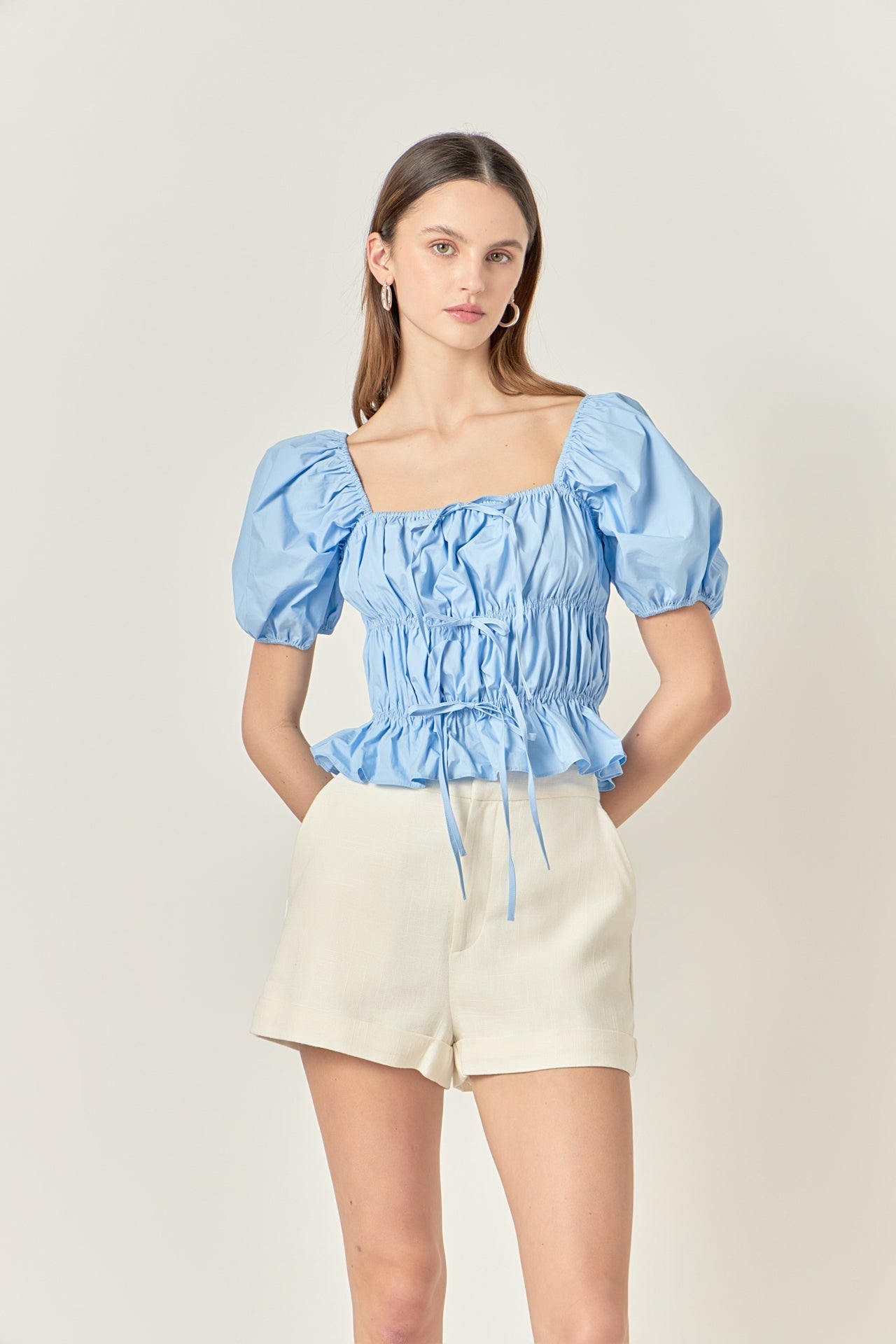 Tie Detail Shirring Top with Short Sleeves
