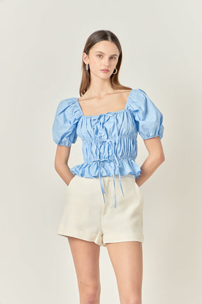 Tie Detail Shirring Top with Short Sleeves
