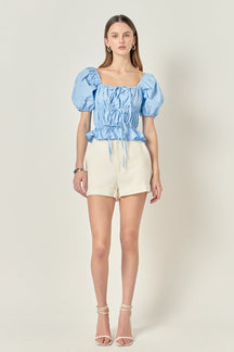 ENGLISH FACTORY - Tie Detail Shirring Top with Short Sleeves - TOPS available at Objectrare