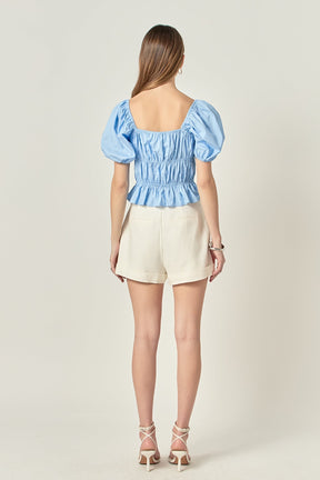 Tie Detail Shirring Top with Short Sleeves