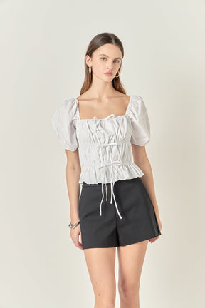 Tie Detail Shirring Top with Short Sleeves
