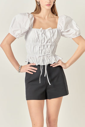Tie Detail Shirring Top with Short Sleeves