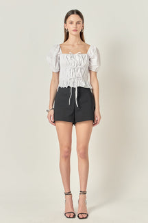 Tie Detail Shirring Top with Short Sleeves